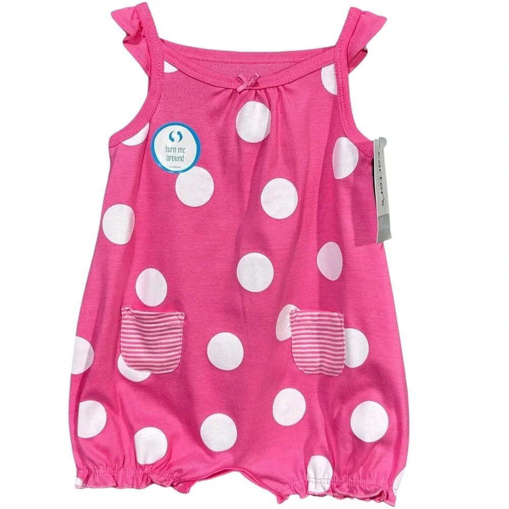 Carter's Baby Girls Cotton Romper One-Piece Outfit Size 6M Pink Polka‎ Dot Crab
